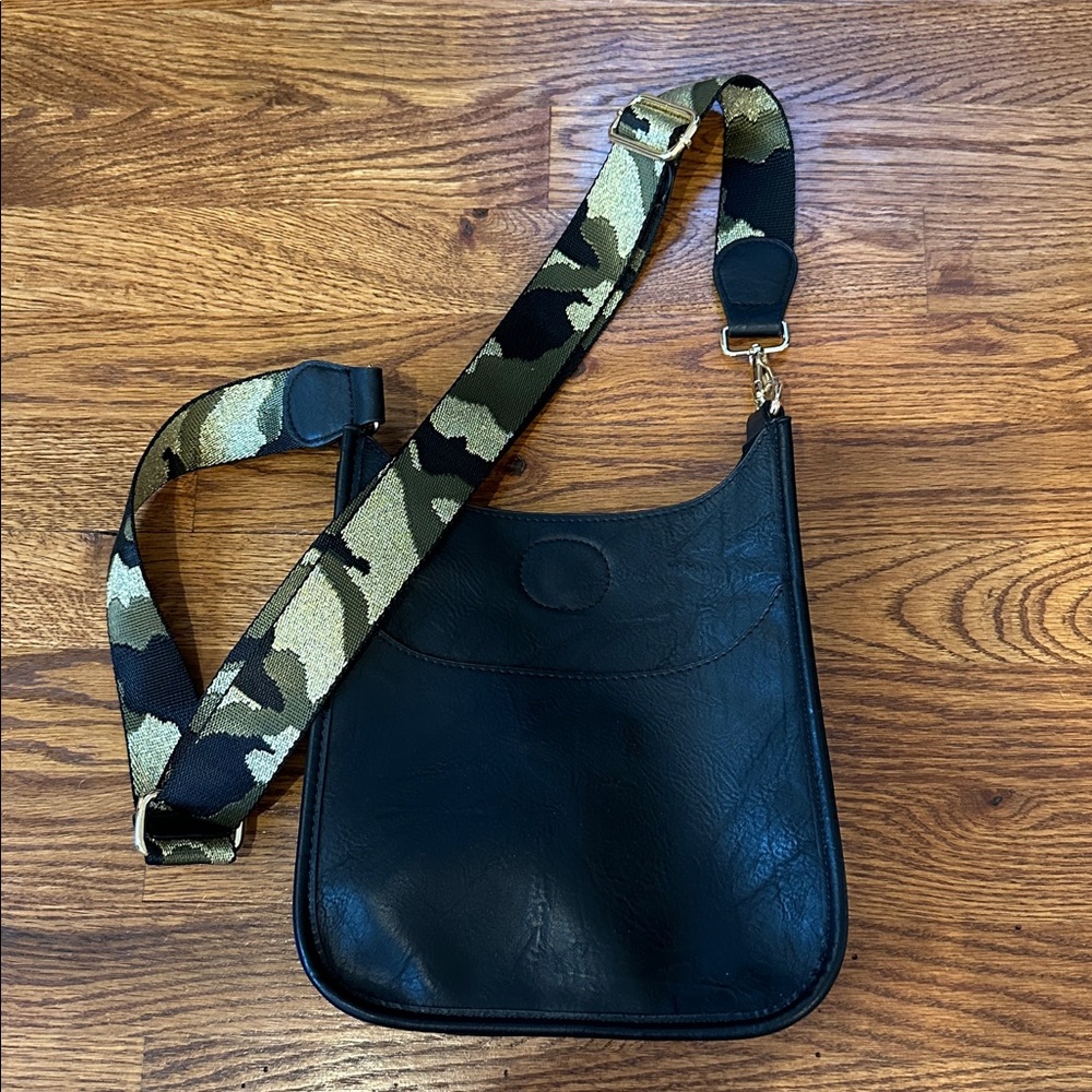 Ahdorned Black Faux Leather MINI Crossbody w/Green/Gold Camo Adjustable Strap